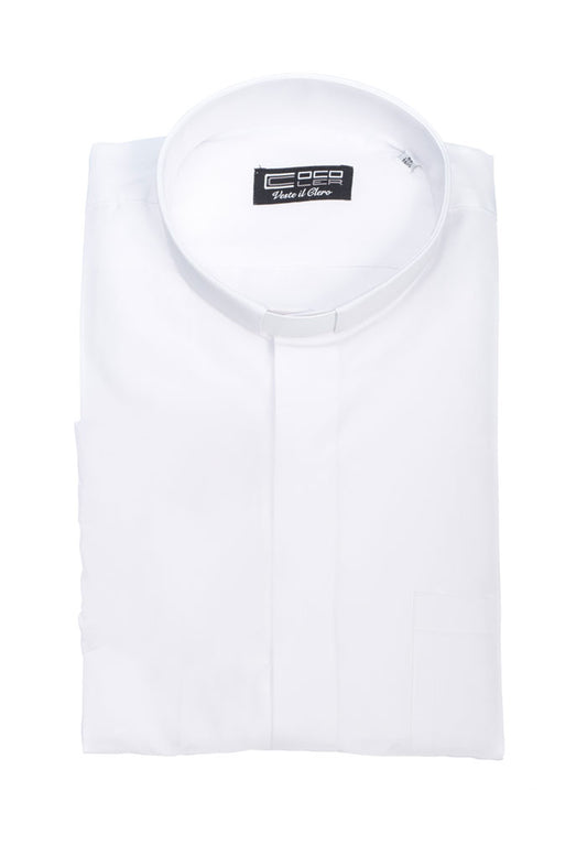 Camicia bianca, manica corta, misto cotone, collo clergy