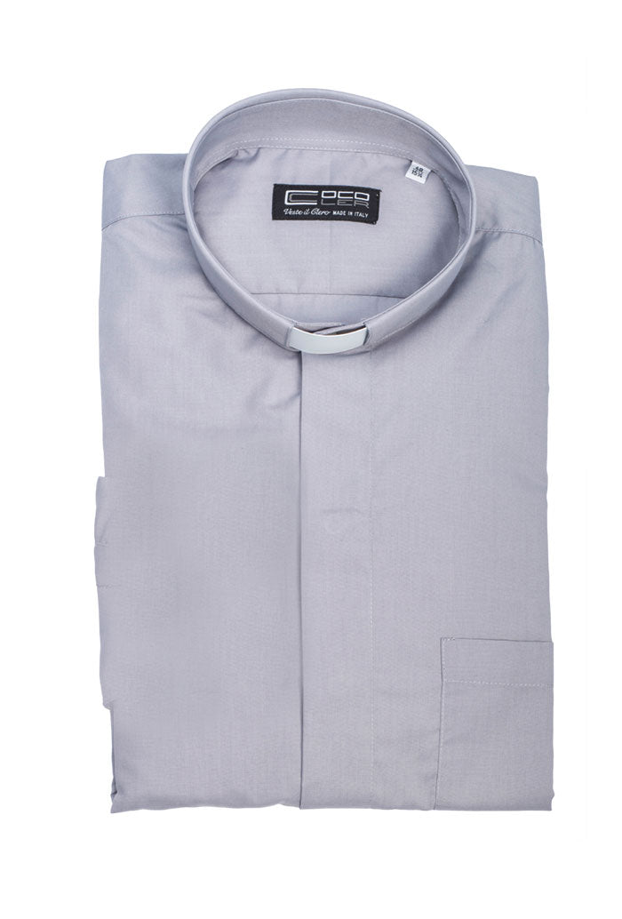 Camicia grigio chiaro, manica corta, misto cotone, collo clergy