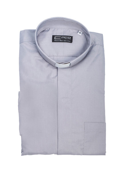 Camicia grigio chiaro, manica corta, misto cotone, collo clergy