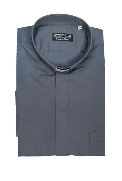 Camicia grigio scuro, manica corta, misto cotone, collo clergy