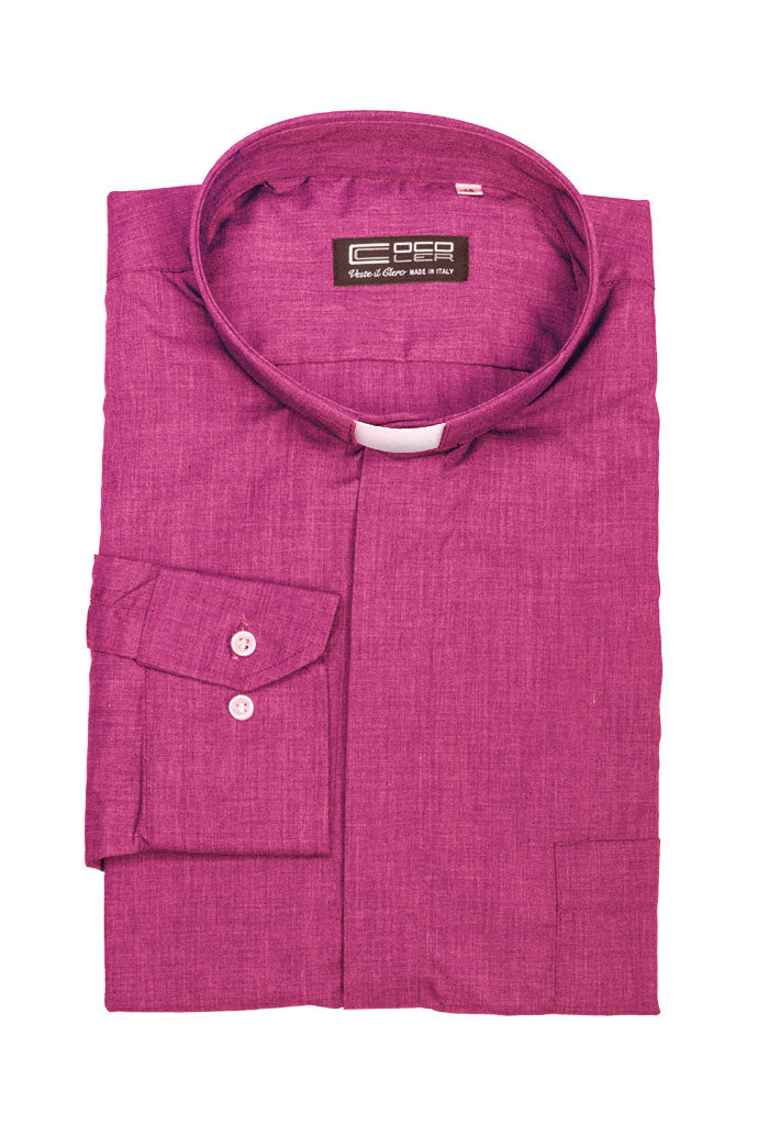 Camicia viola, manica corta, misto cotone, collo clergy