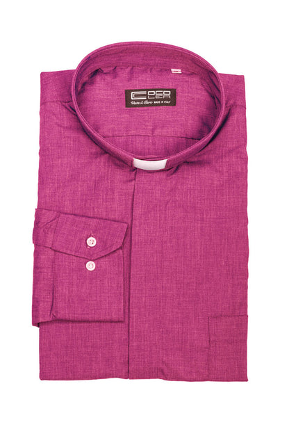 Camicia viola, manica corta, misto cotone, collo clergy