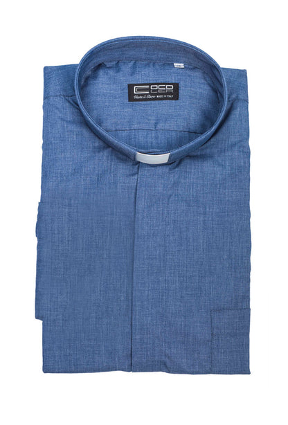 Camicia jeans, manica corta, misto cotone, collo clergy