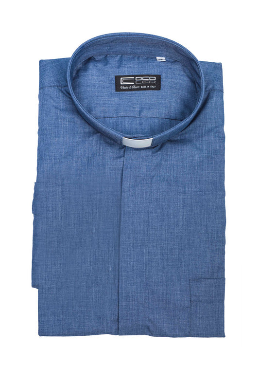 Camicia jeans, manica corta, misto cotone, collo clergy