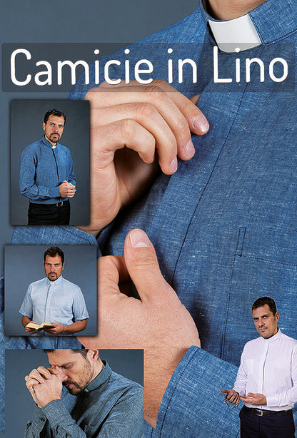 Camicia grigia, manica corta, misto lino, collo clergy