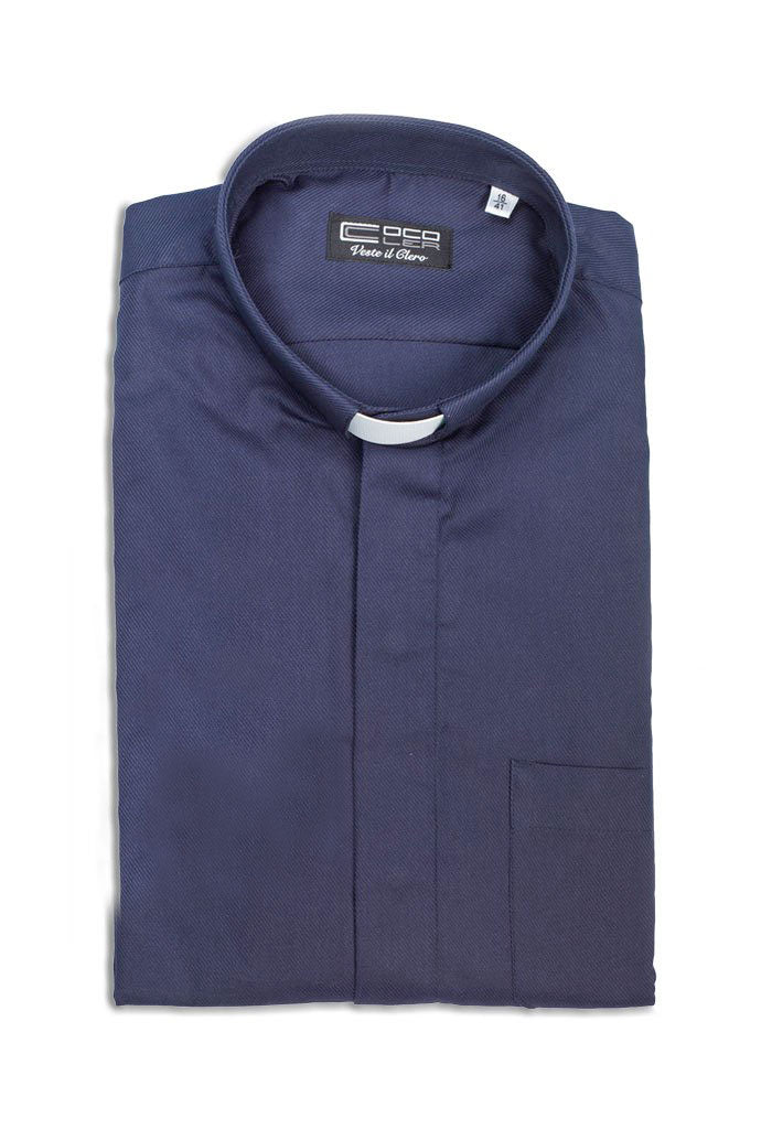 Camicia blu, manica corta, misto lino, collo clergy