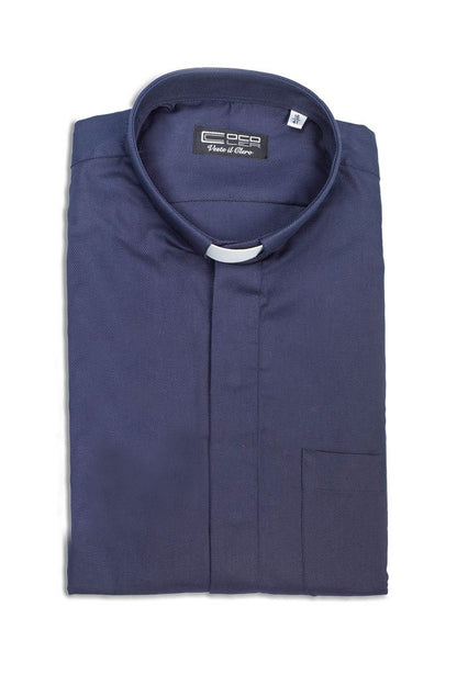 Camicia blu, manica corta, misto lino, collo clergy