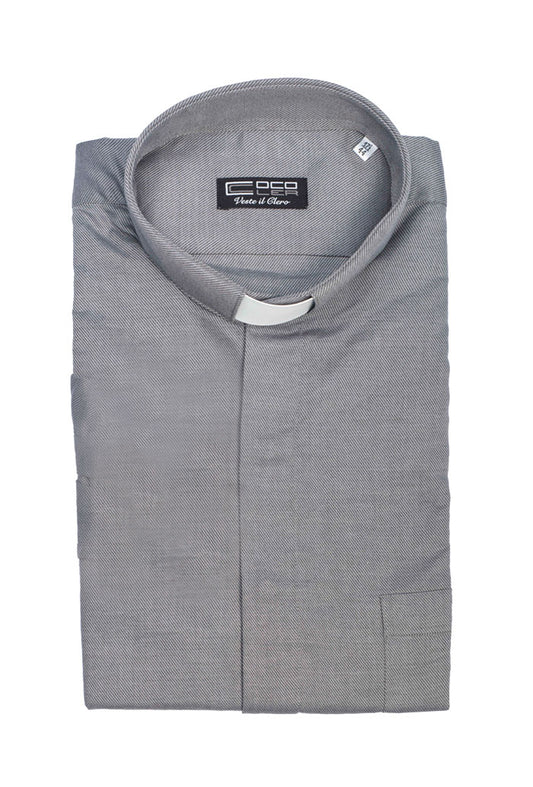 Camicia grigia, manica corta, misto lino, collo clergy