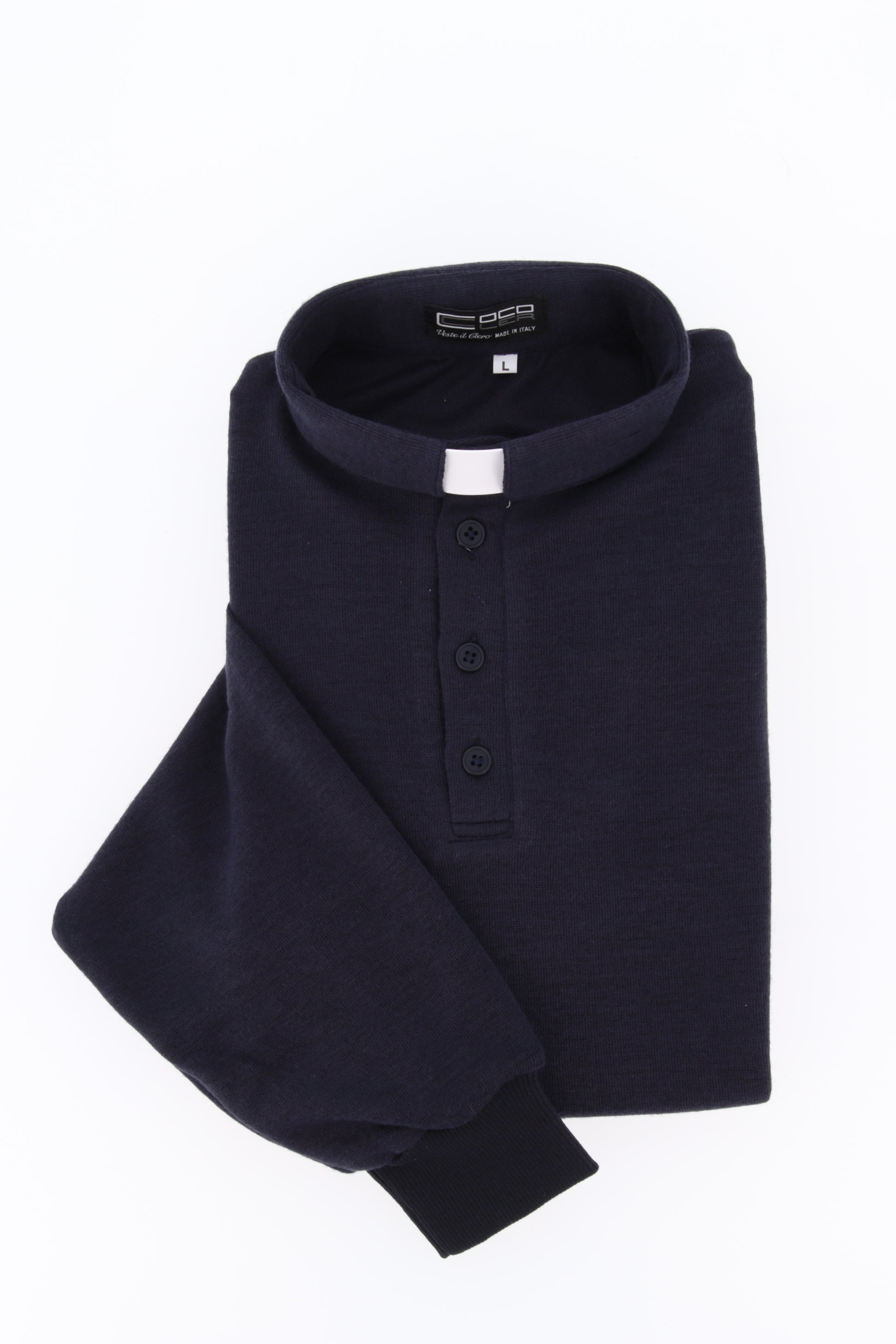 Maglia polo invernale blu, misto poliestere e lana, con polsini