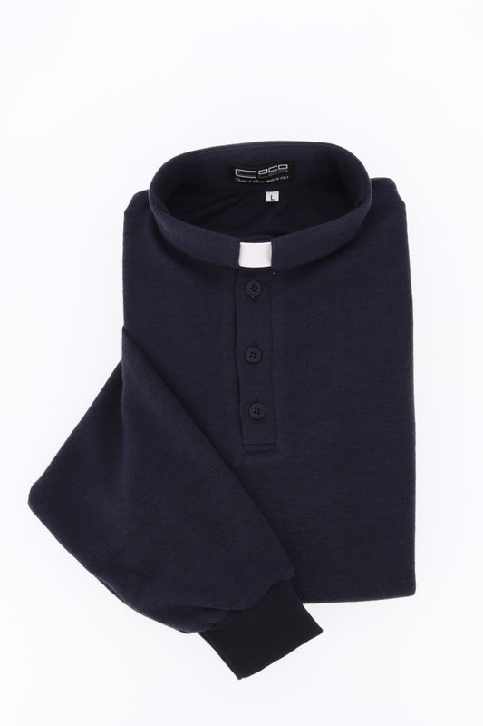 Maglia polo invernale blu, misto poliestere e lana, con polsini