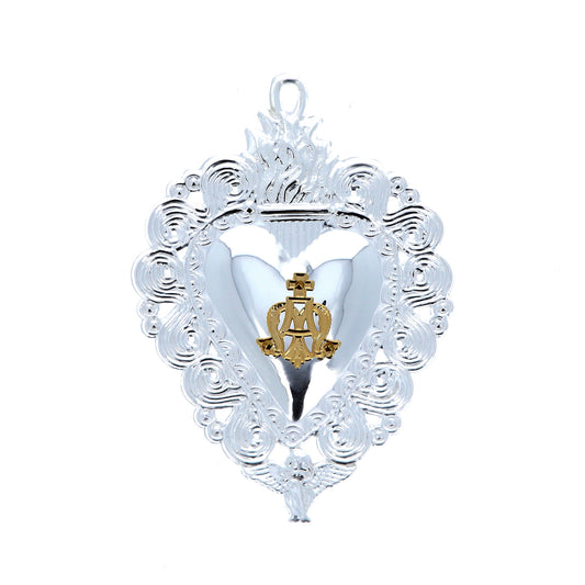 Cuore Votivo Ave Maria, in argento 925. Dimensioni 7x10 cm
