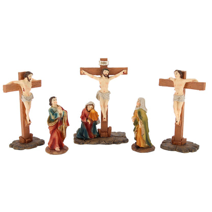 Set 6 soggetti in resina "Crocifissione di Gesù". Altezza 8,3 - 14 cm