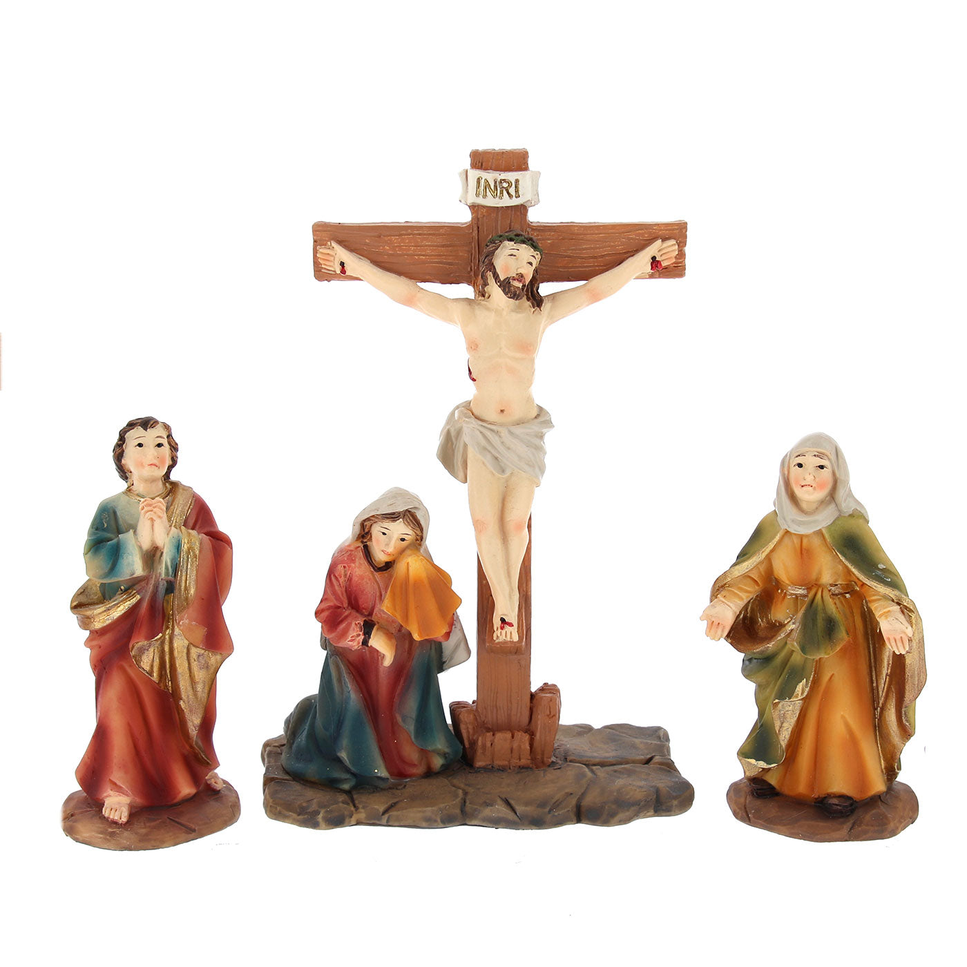Set 6 soggetti in resina "Crocifissione di Gesù". Altezza 8,3 - 14 cm