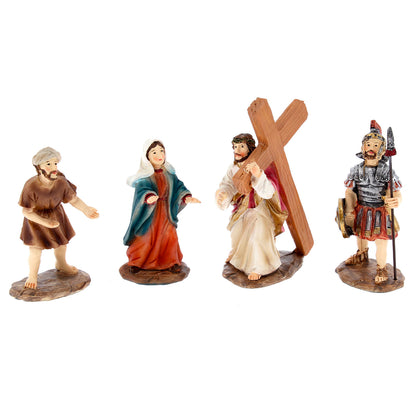 Set 4 soggetti in resina "Salita al Calvario". Altezza 8 - 10,6 cm