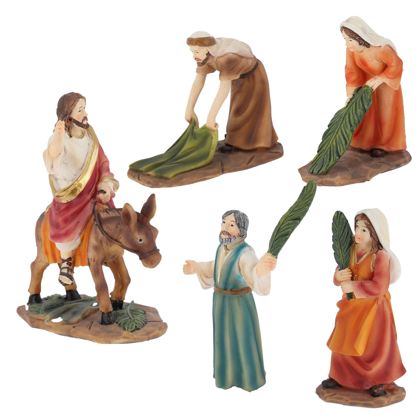 Set 5 soggetti in resina "Ingresso a Gerusalemme di Gesù". Altezza 7 - 10,5 cm