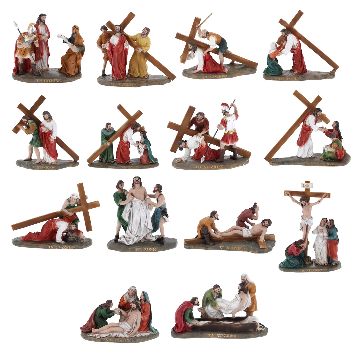 Set 14 statue in resina "Stazioni della Via Crucis". Altezza 16 cm