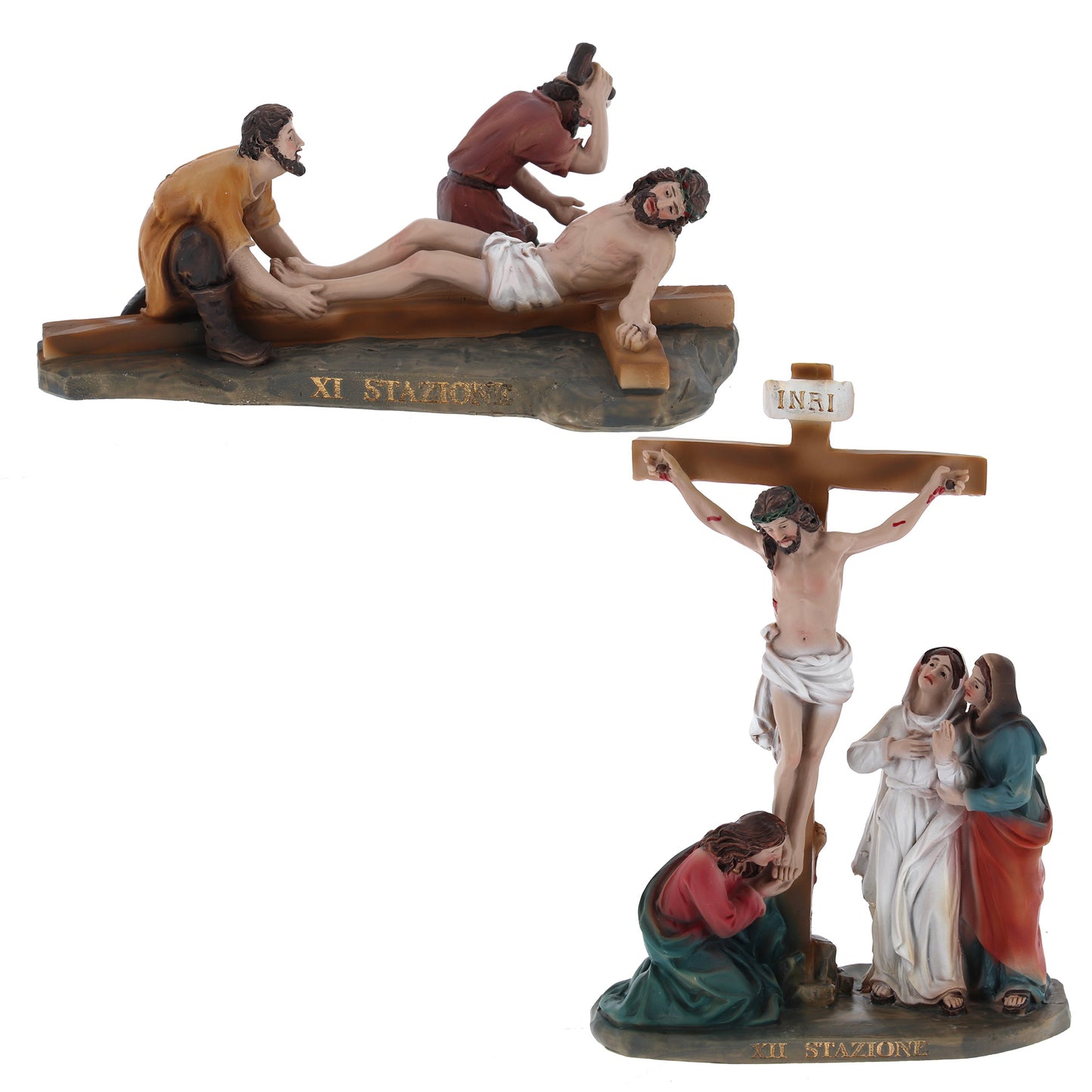 Set 14 statue in resina "Stazioni della Via Crucis". Altezza 16 cm