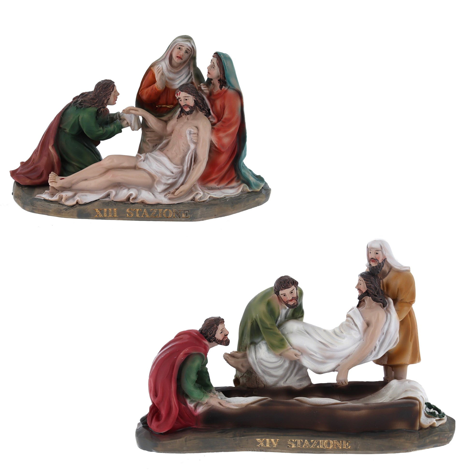 Set 14 statue in resina "Stazioni della Via Crucis". Altezza 16 cm