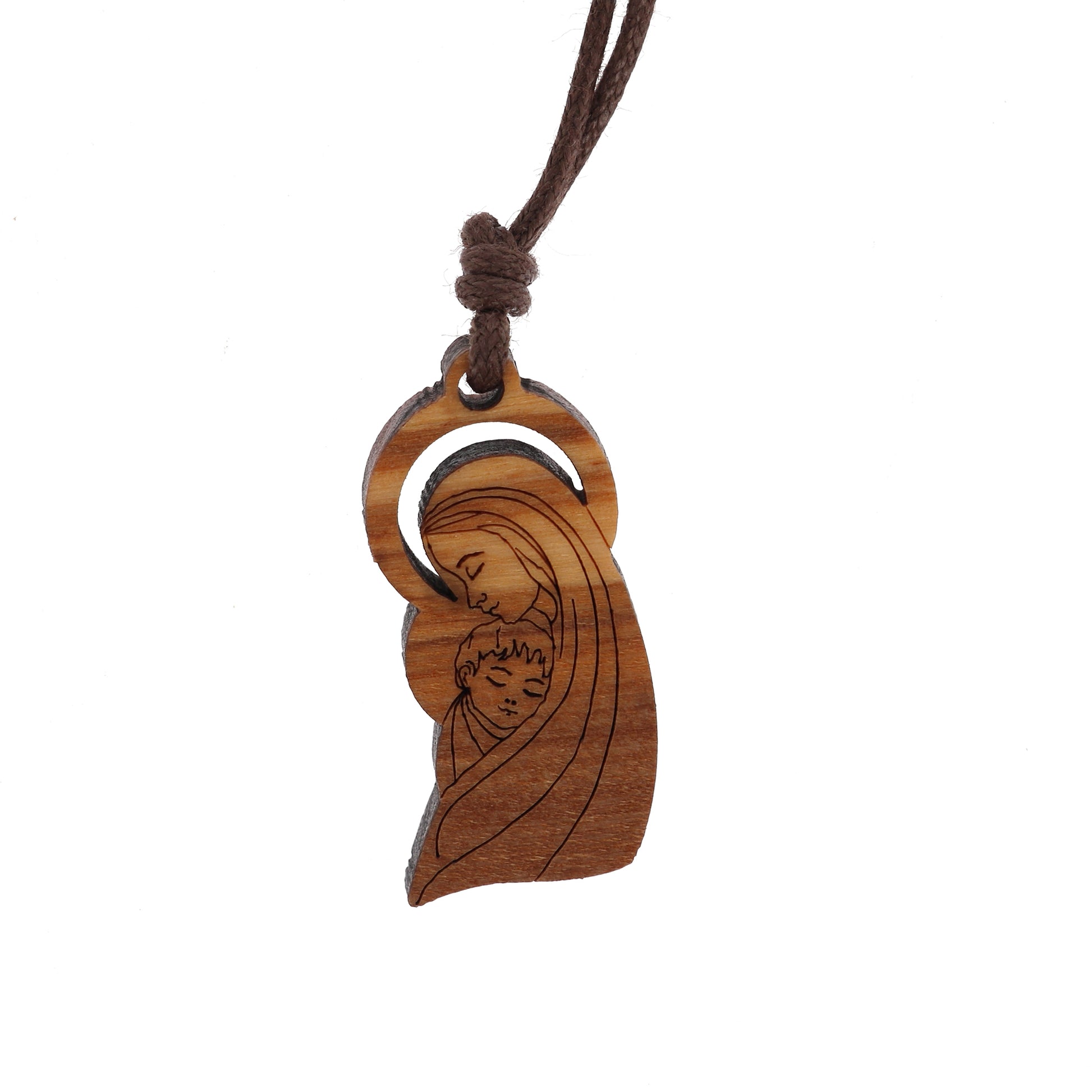 Ciondolo Madonna con Bambino in legno d'olivo con cordoncino  2,5 cm