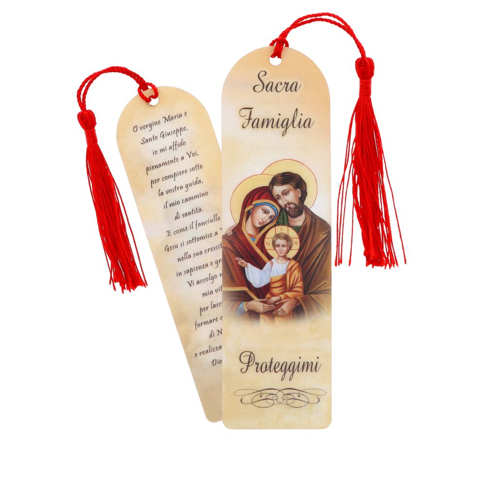Segnalibro Sacra Famiglia in carta plastificata con fiocco colorato. Dimensioni 4x14 cm