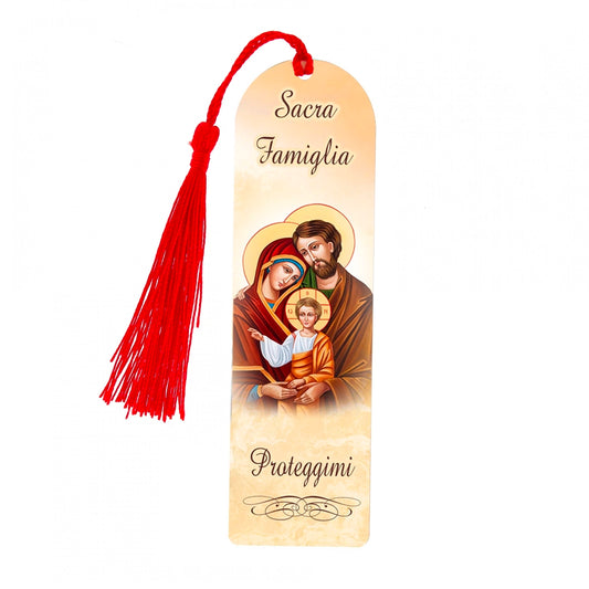 Segnalibro Sacra Famiglia in carta plastificata con fiocco colorato. Dimensioni 4x14 cm