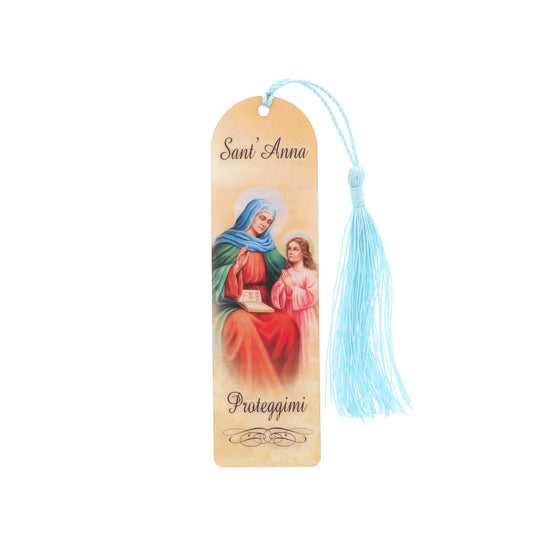 Segnalibro Sant'Anna in carta plastificata con fiocco colorato. Dimensioni 4x14 cm
