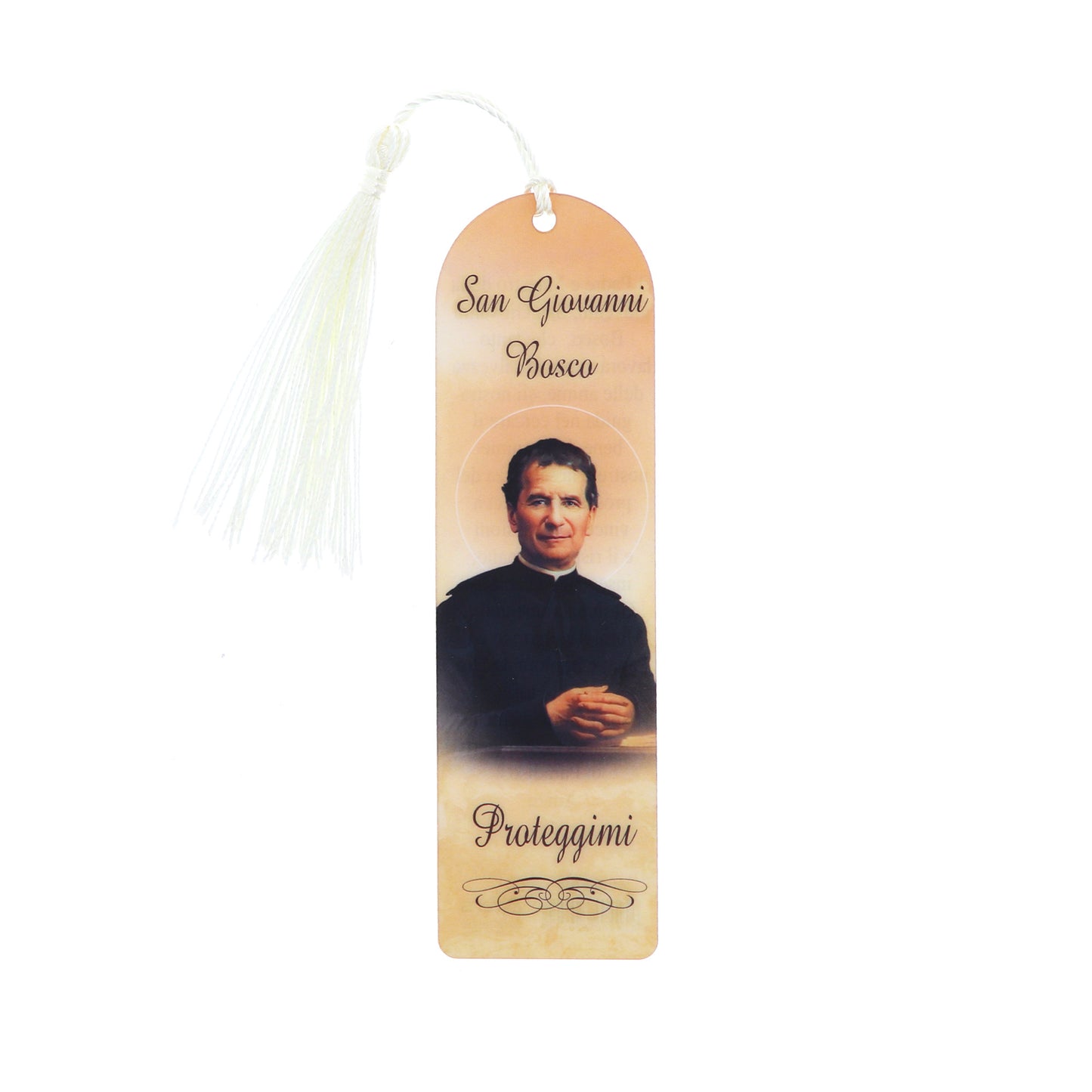Segnalibro San Giovanni Bosco in carta plastificata con fiocco colorato. Dimensioni 4x14 cm