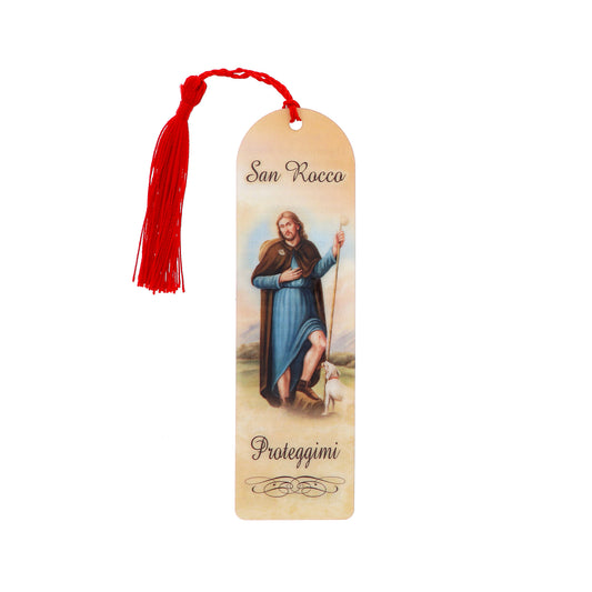 Segnalibro San Rocco in carta plastificata con fiocco colorato. Dimensioni 4x14 cm