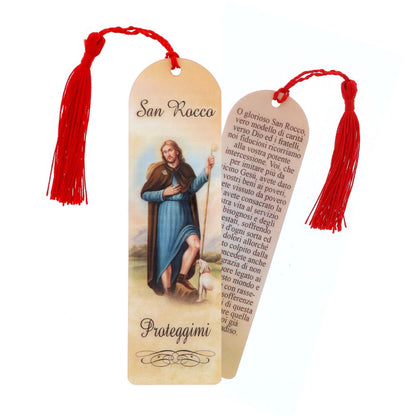 Segnalibro San Rocco in carta plastificata con fiocco colorato. Dimensioni 4x14 cm