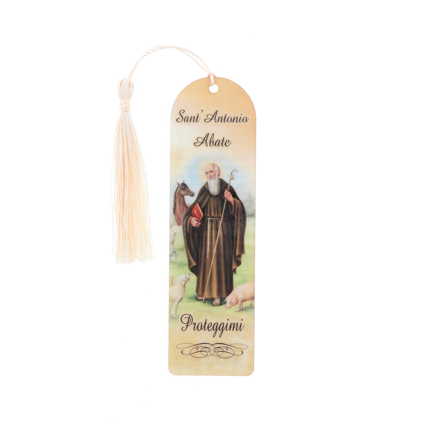 Segnalibro Sant'Antonio Abate in carta plastificata con fiocco colorato. Dimensioni 4x14 cm