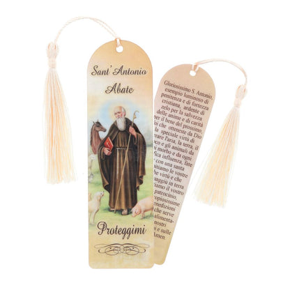 Segnalibro Sant'Antonio Abate in carta plastificata con fiocco colorato. Dimensioni 4x14 cm