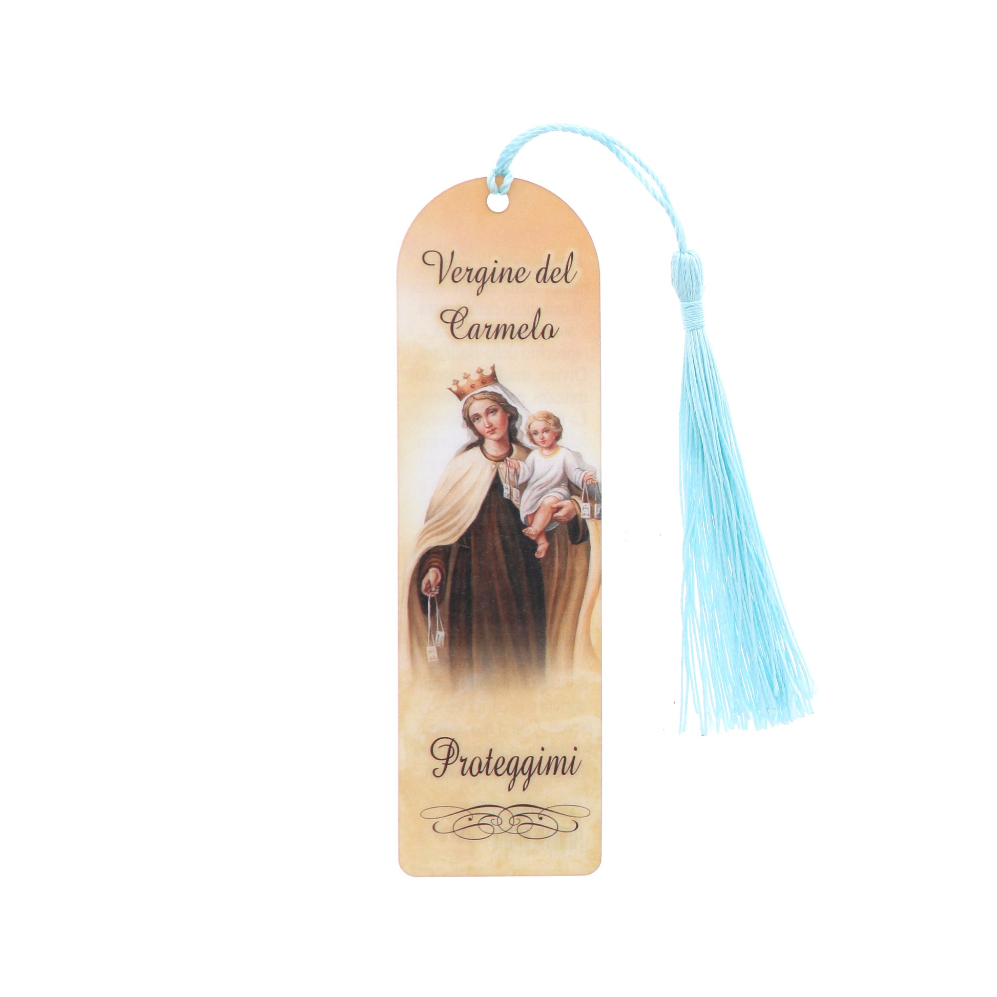 Segnalibro Madonna del Carmine in carta plastificata con fiocco colorato. Dimensioni 4x14 cm