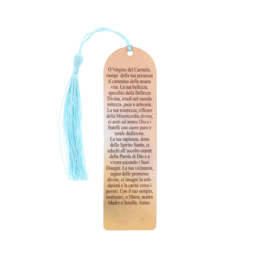 Segnalibro Madonna del Carmine in carta plastificata con fiocco colorato. Dimensioni 4x14 cm