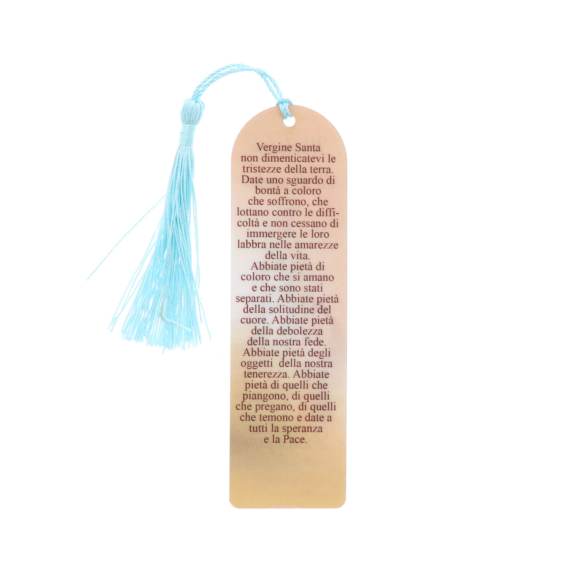 Segnalibro Madonna di Lourdes in carta plastificata con fiocco colorato. Dimensioni 4x14 cm