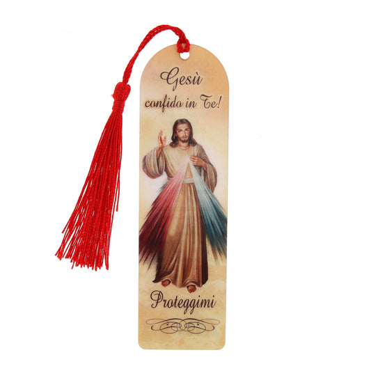 Segnalibro Gesù Misericordioso in carta plastificata con fiocco colorato. Dimensioni 4x14 cm