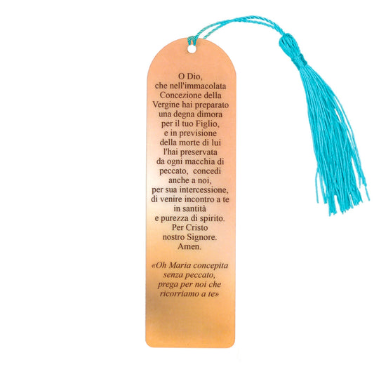 Segnalibro Madonna Immacolata in carta plastificata con fiocco colorato. Dimensioni 4x14 cm