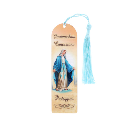 Segnalibro Madonna Immacolata in carta plastificata con fiocco colorato. Dimensioni 4x14 cm