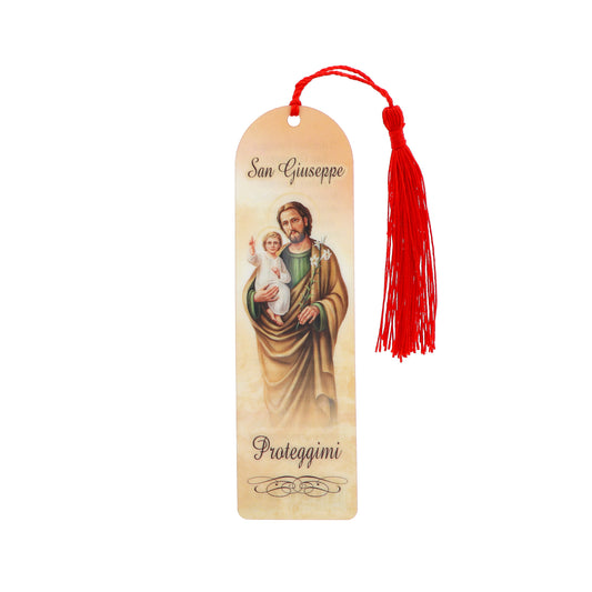 Segnalibro San Giuseppe in carta plastificata con fiocco colorato. Dimensioni 4x14 cm