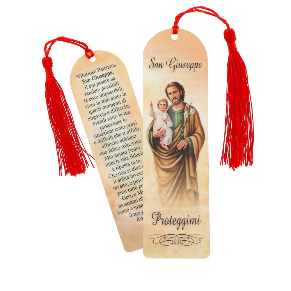 Segnalibro San Giuseppe in carta plastificata con fiocco colorato. Dimensioni 4x14 cm