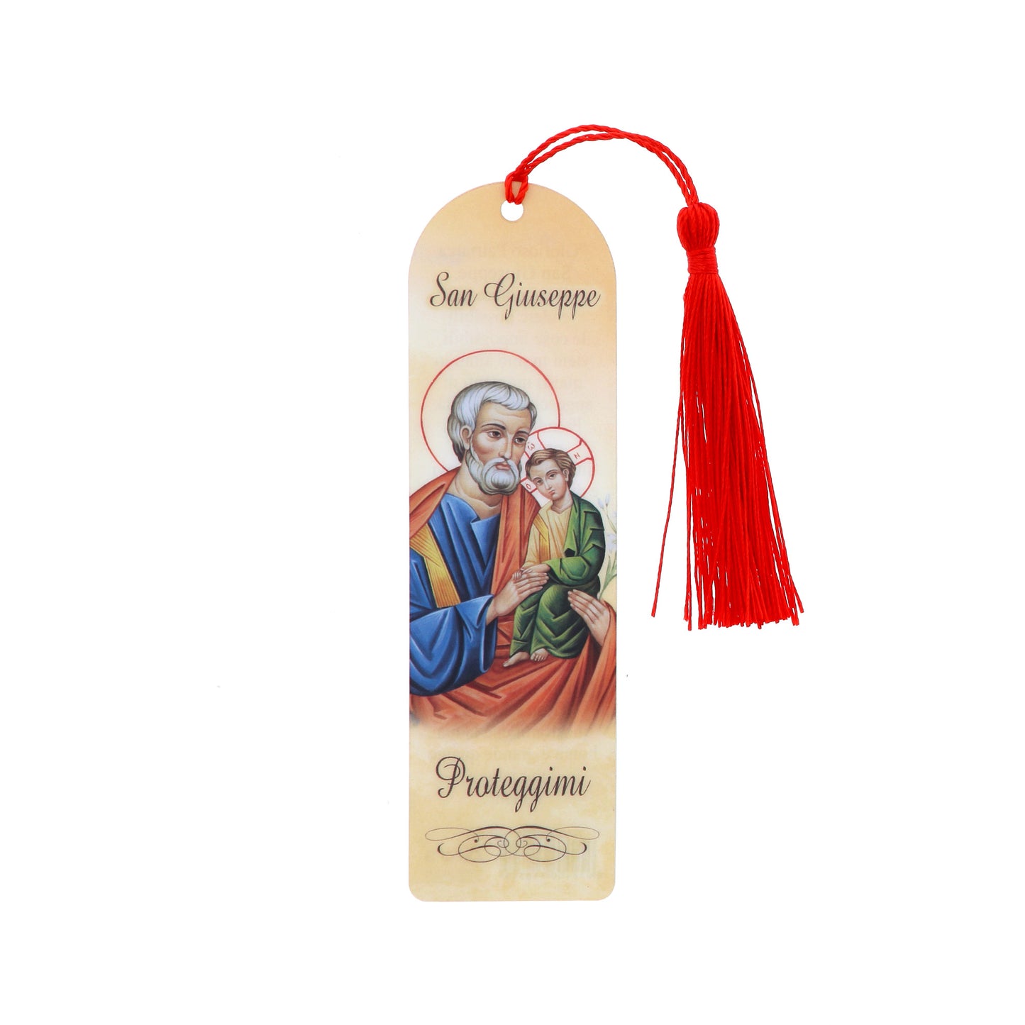 Segnalibro icona San Giuseppe in carta plastificata con fiocco colorato. Dimensioni 4x14 cm