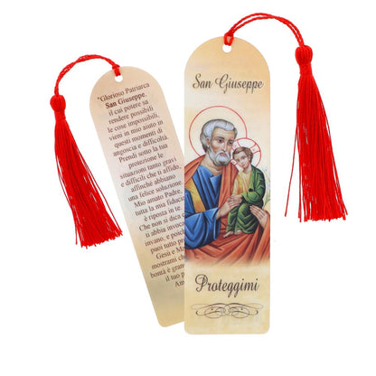 Segnalibro icona San Giuseppe in carta plastificata con fiocco colorato. Dimensioni 4x14 cm
