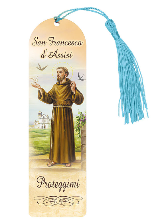 Segnalibro San Francesco in carta plastificata con fiocco colorato. Dimensioni 4x14 cm