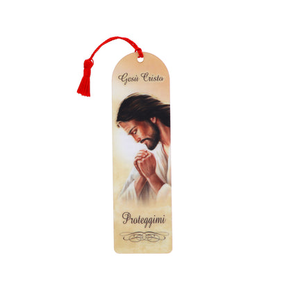 Segnalibro Gesù che prega in carta plastificata con fiocco colorato. Dimensioni 4x14 cm