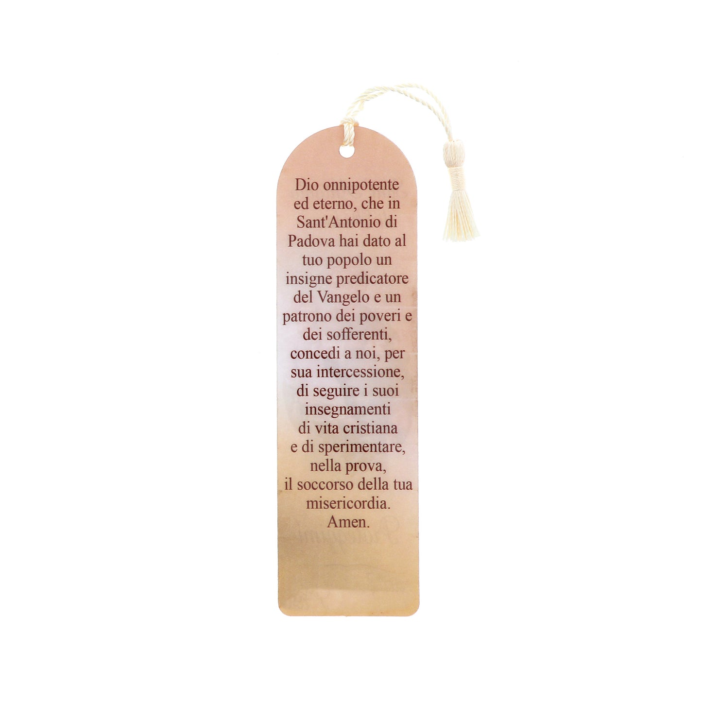 Segnalibro Sant'Antonio di Padova in carta plastificata con fiocco colorato. Dimensioni 4x14 cm