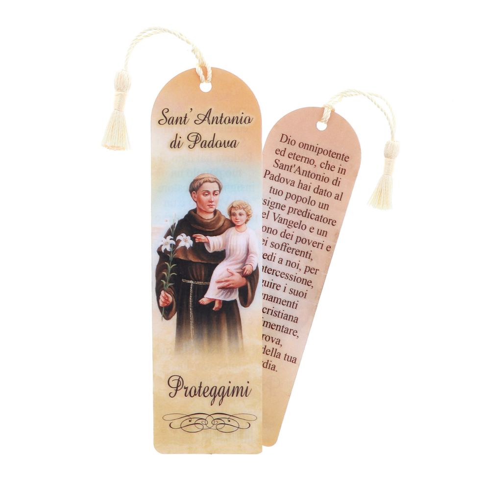 Segnalibro Sant'Antonio di Padova in carta plastificata con fiocco colorato. Dimensioni 4x14 cm
