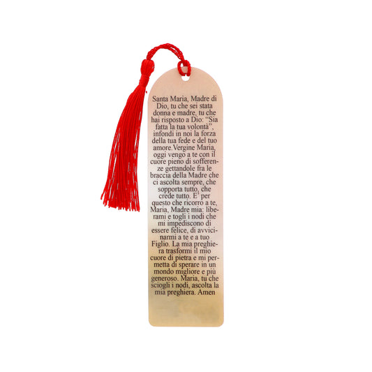 Segnalibro Maria che scioglie i nodi in carta plastificata con fiocco colorato. Dimensioni 4x14 cm