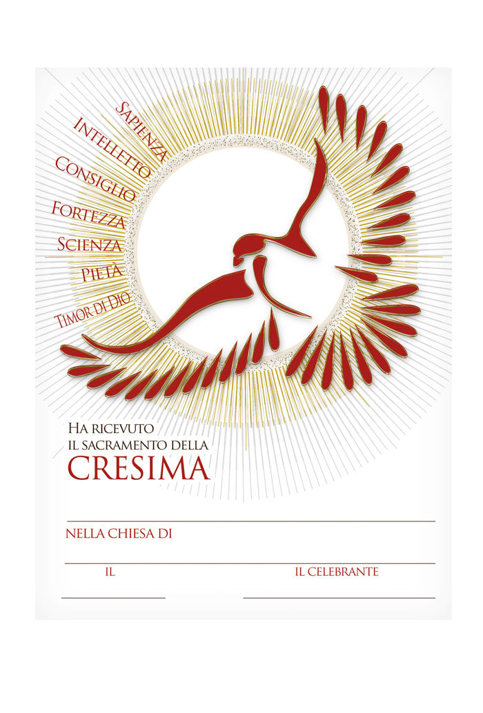 Diploma in carta pergamena per Cresima. Dimensioni 18x24 cm
