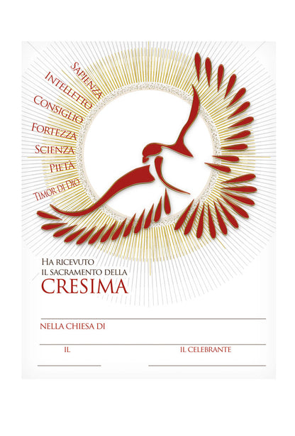 Diploma in carta pergamena per Cresima. Dimensioni 18x24 cm