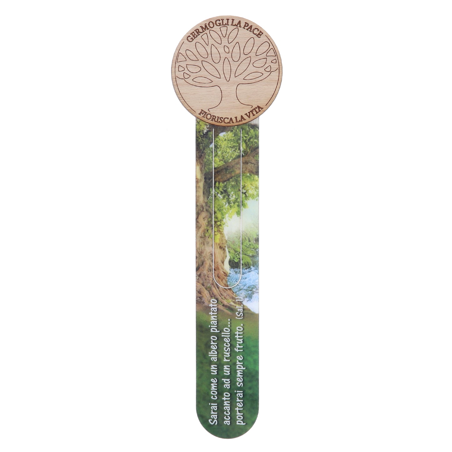 Segnalibro della Parola plastificato con soggetto in legno. Dimensioni: 4x17 cm