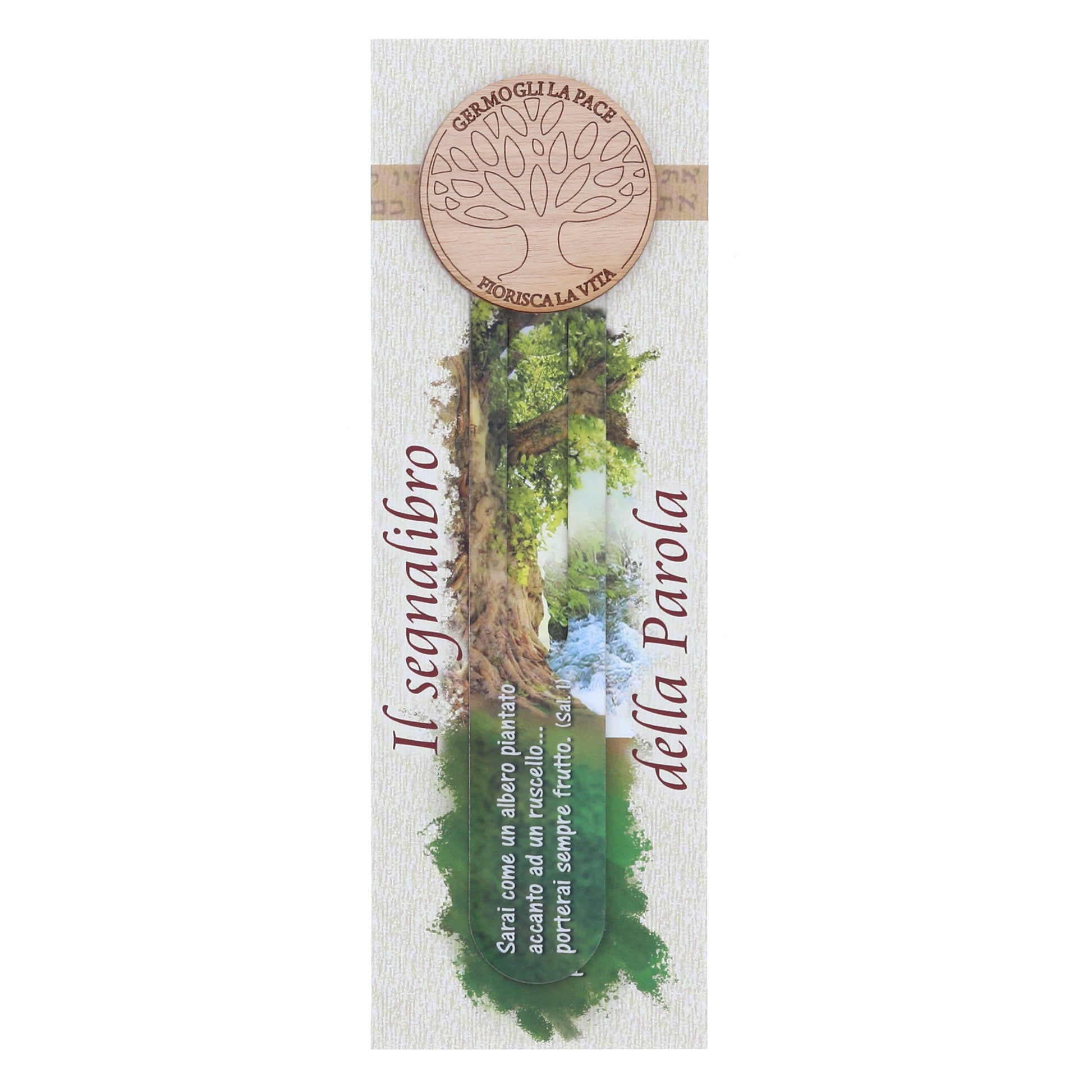 Segnalibro della Parola plastificato con soggetto in legno. Dimensioni: 4x17 cm